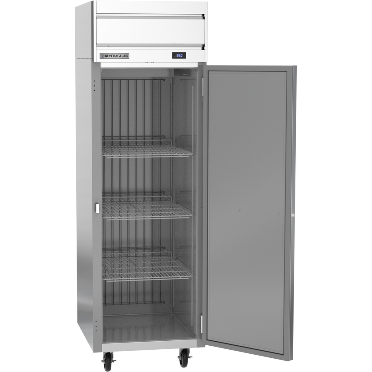 Beverage-Air HR1HC-1S open door angled view showing interior wire shelves, aluminum walls, and heavy-duty casters