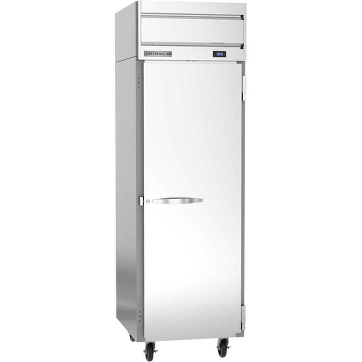Beverage-Air HR1HC-1S single solid door reach-in refrigerator, angled closed view showing stainless steel front and top-mounted compressor