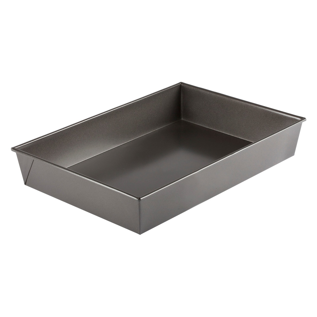 Winco HRCP-1812 rectangular dark non-stick aluminized steel cake pan, angled view showing interior and reinforced rim