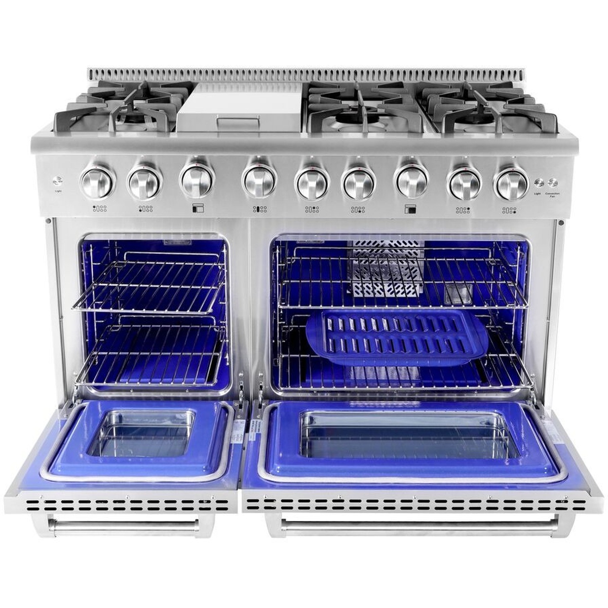 Open double ovens showing blue porcelain interior on THOR Kitchen HRG4808U gas range