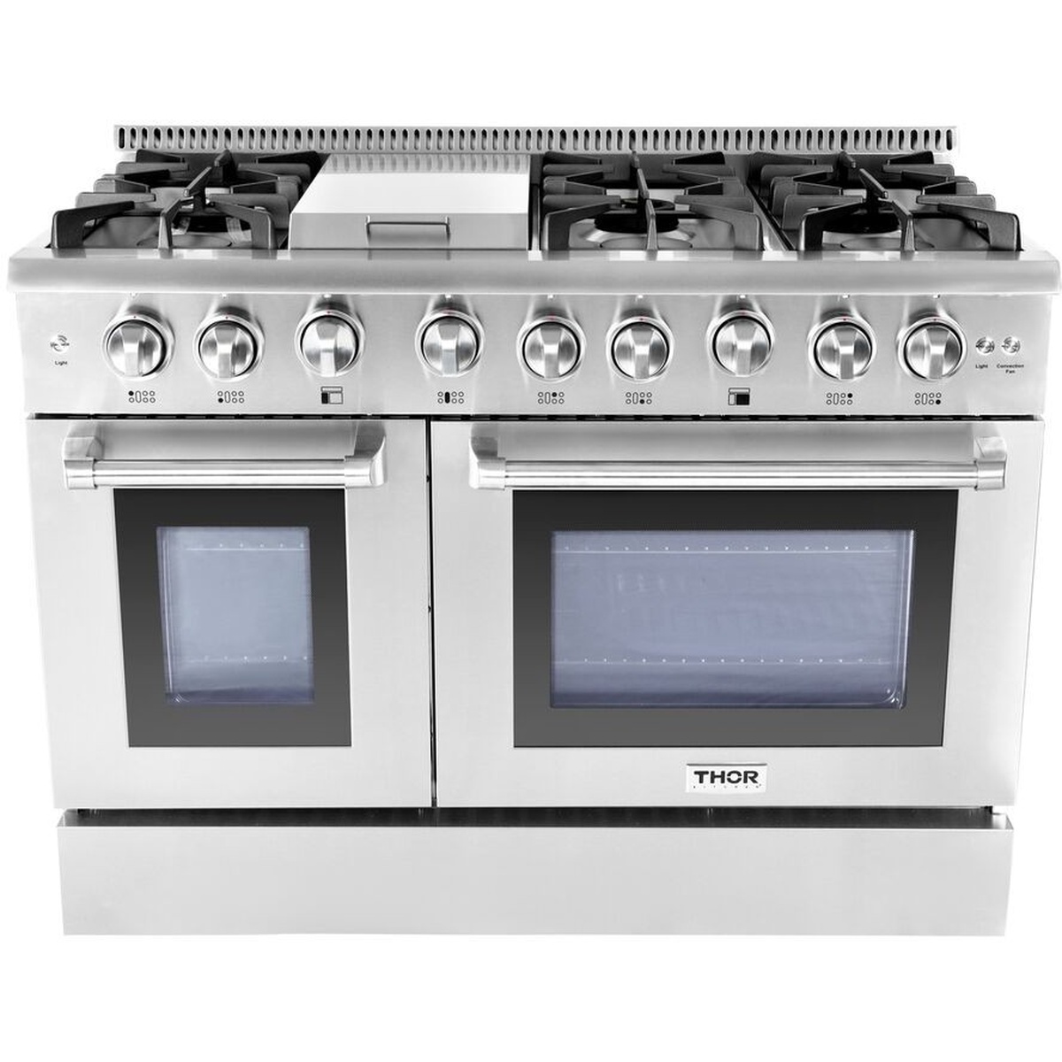Front view of THOR Kitchen HRG4808U 48-inch stainless steel double oven gas range