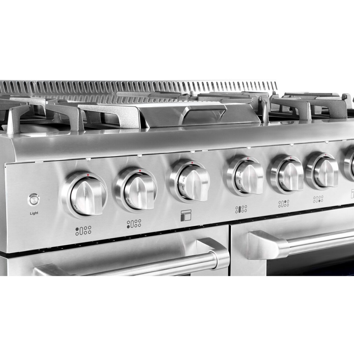 Close-up of control knobs and cooktop on THOR Kitchen HRG4808U professional gas range