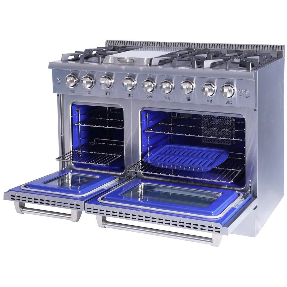 Angled view of THOR Kitchen HRG4808U range with both oven doors open