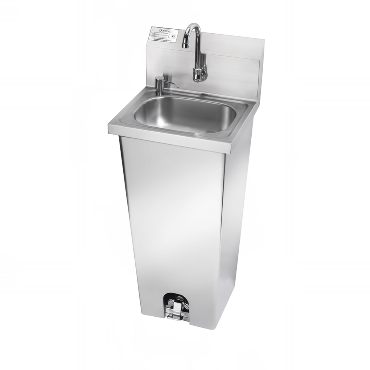 Krowne HS-14 stainless steel pedestal hand sink with gooseneck faucet, soap dispenser, and foot pedal valve