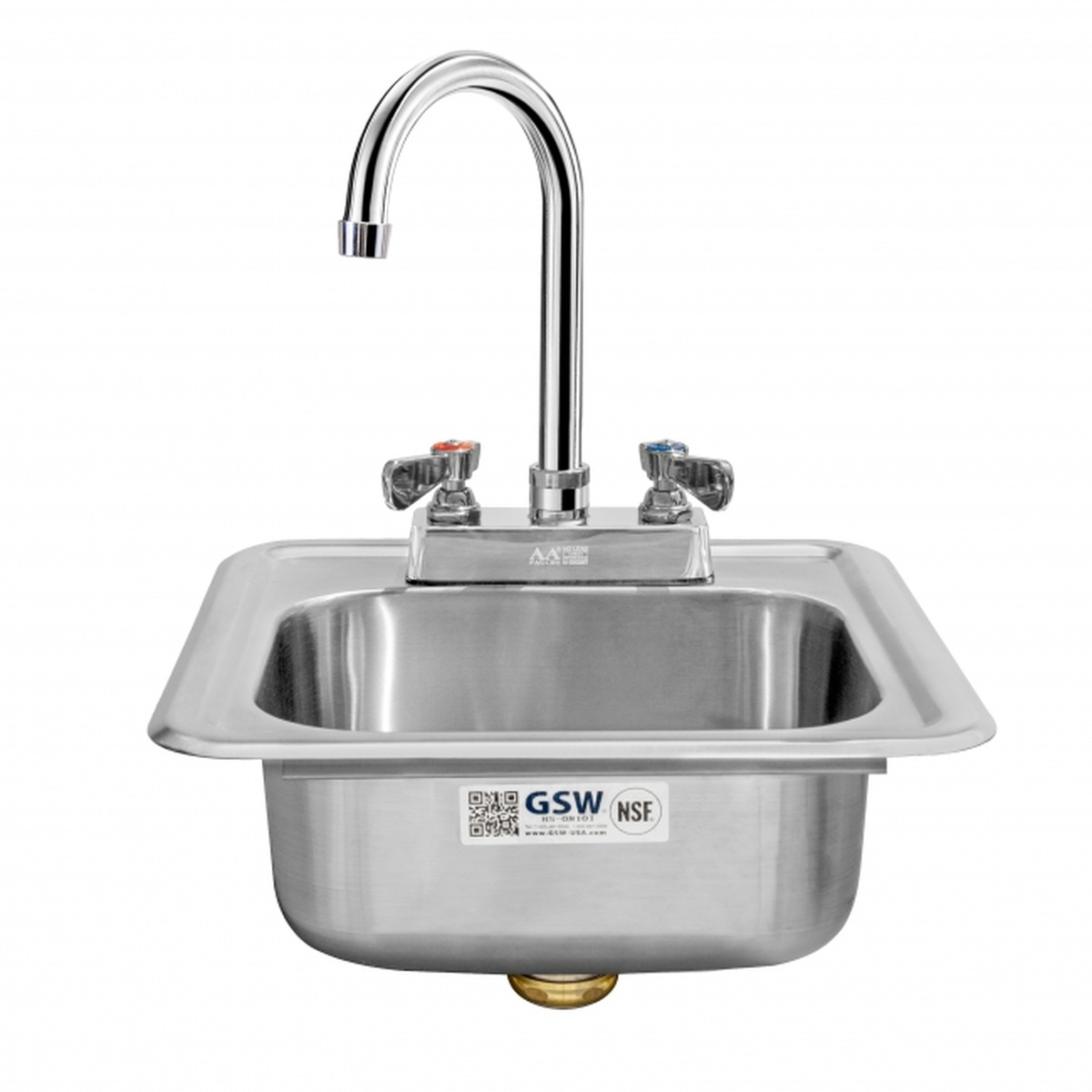 GSW USA HS-1615I stainless steel drop-in hand sink with gooseneck lead-free faucet and strainer on white background