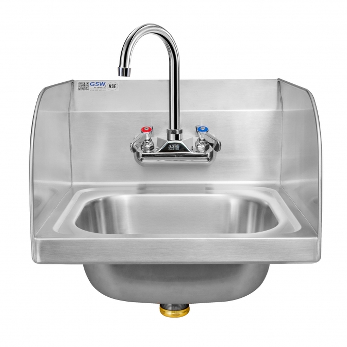 GSW USA HS-1615S-N stainless steel wall mount hand sink with welded splash guards and gooseneck faucet, front view on white background