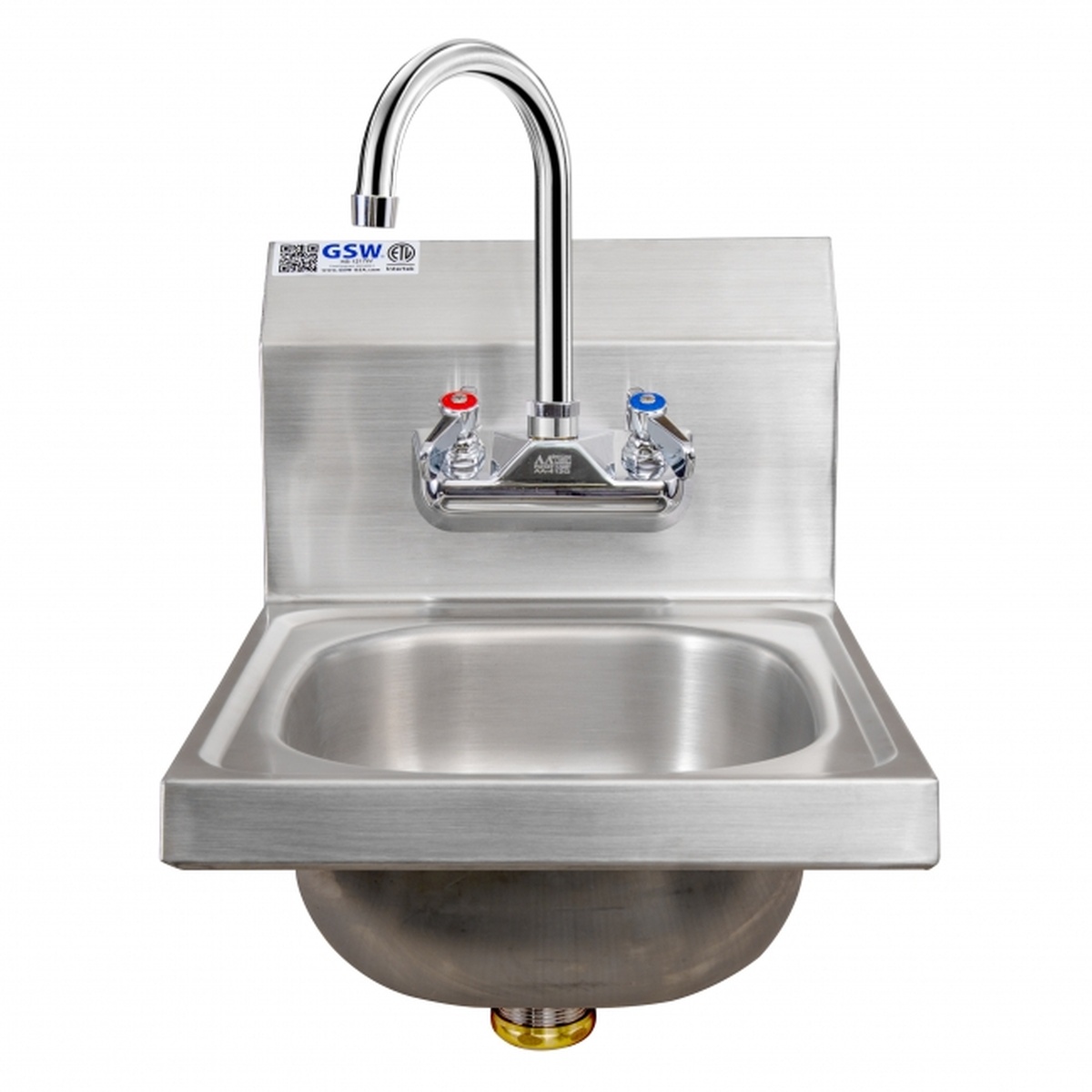 GSW USA HS-2017W stainless steel wall mount hand sink with gooseneck faucet and strainer, front view