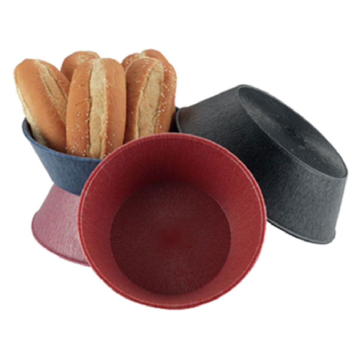 HS Inc. HS1012L-RB round polyethylene serving baskets in red, blue, and gray colors shown together