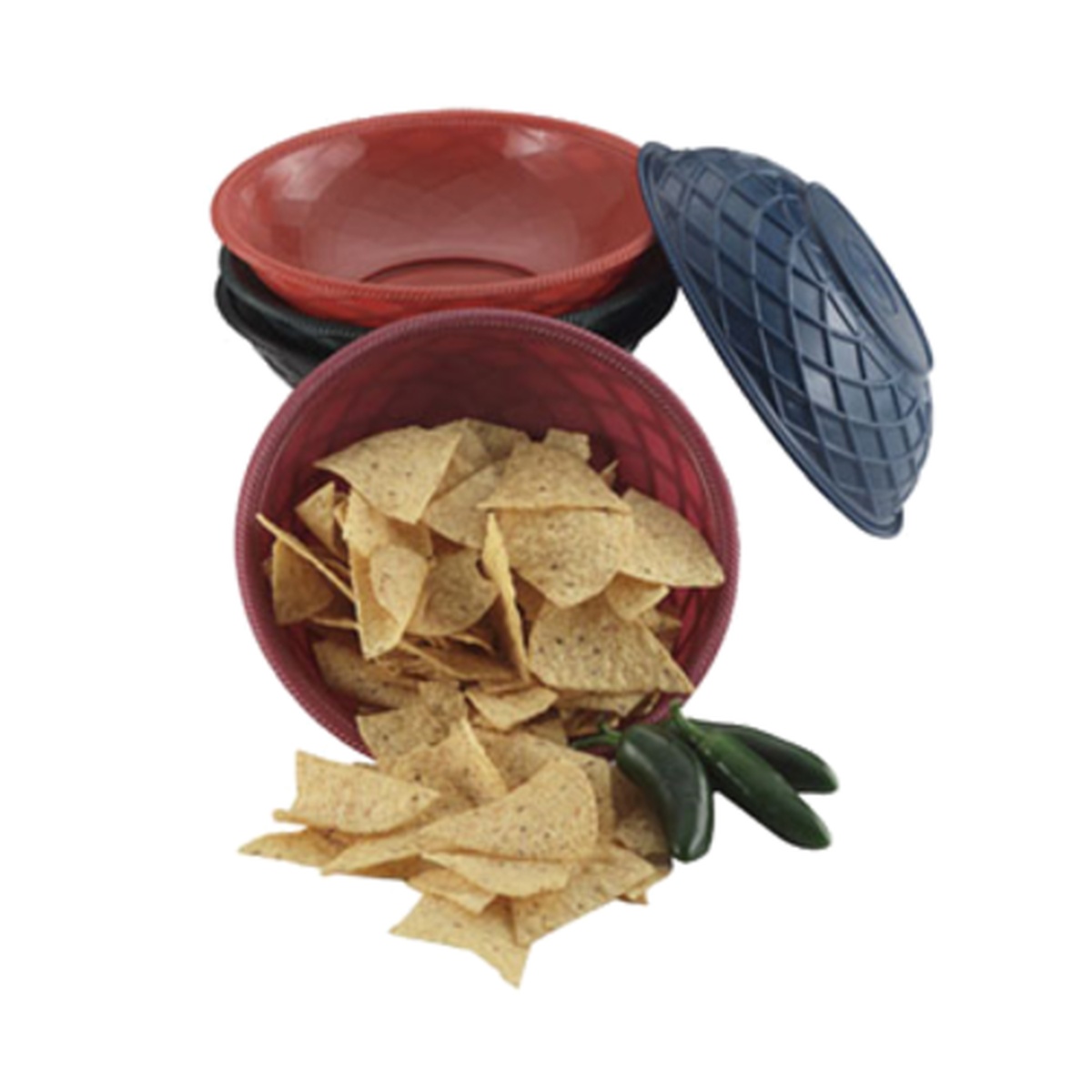 HS Inc. round serving baskets in charcoal, red, and blue colorways shown with tortilla chips