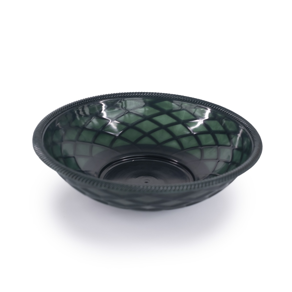 HS Inc. HS1018-J jalapeno green round weave polyethylene serving basket, 9-inch diameter, angled view showing woven pattern and rope-style rim