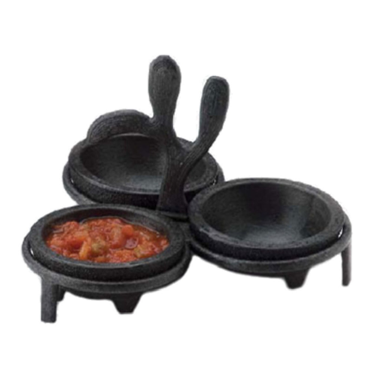 HS Inc HS1026-CH three-section charcoal plastic salsa caddy with cactus design centerpiece and three round condiment bowls