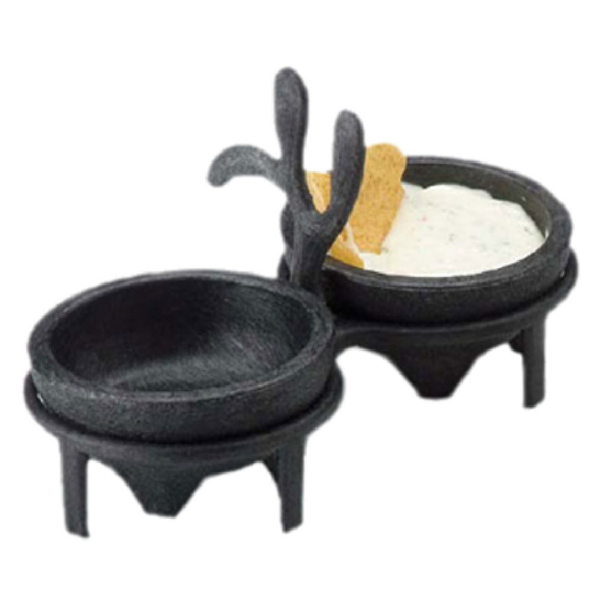 HS Inc. HS1027-CH two-section charcoal plastic salsa caddy with cactus design centerpiece and two round bowl compartments