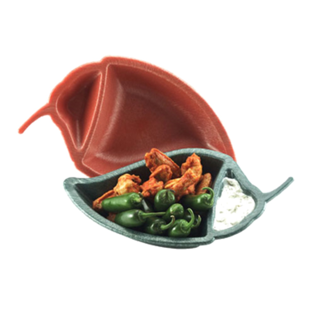 Two Peppertizer jalapeno-shaped appetizer servers, one red and one dark green, with the green one holding fried appetizers, fresh jalapenos, and a dipping sauce