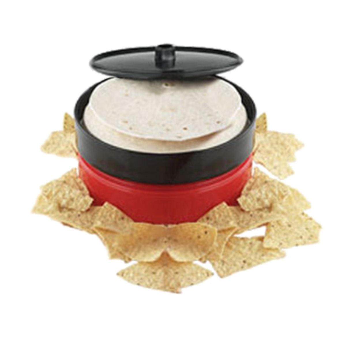 Red and black polypropylene tortilla server open with tortillas stacked inside, surrounded by tortilla chips