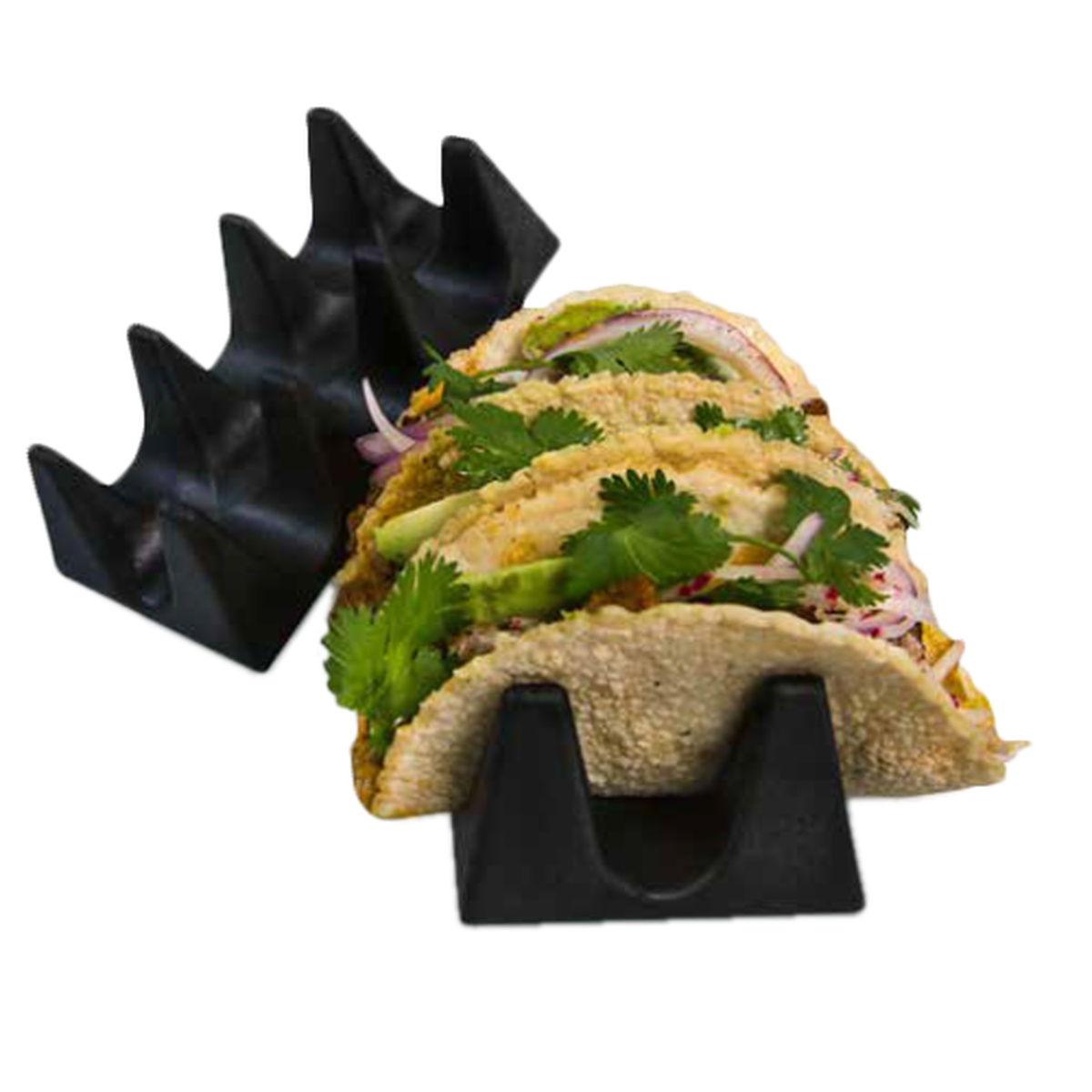 HS Inc. HS1071-CH charcoal polypropylene taco cradle holding three filled taco shells