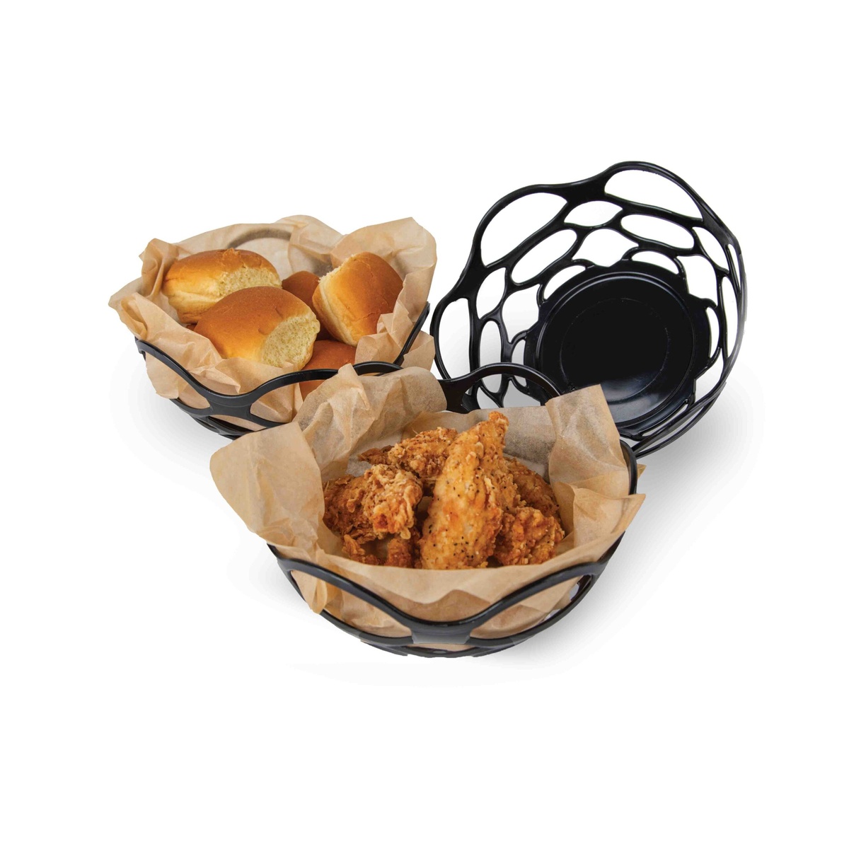 Charcoal open weave round serving baskets, two filled with parchment-lined rolls and fried chicken, one shown empty