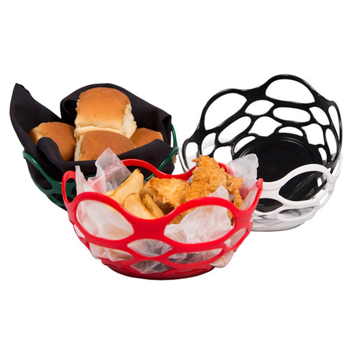 HS Inc. open weave serving baskets in green, red, and black holding bread rolls and fried food with paper liners