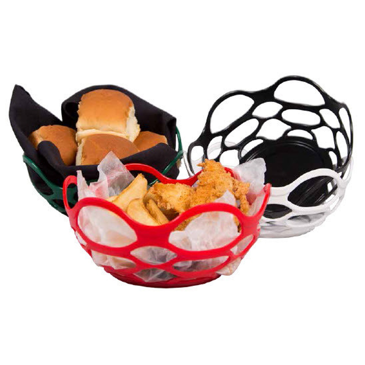 HS Inc. open weave serving baskets in multiple colors showing the round basket profile and open weave pattern