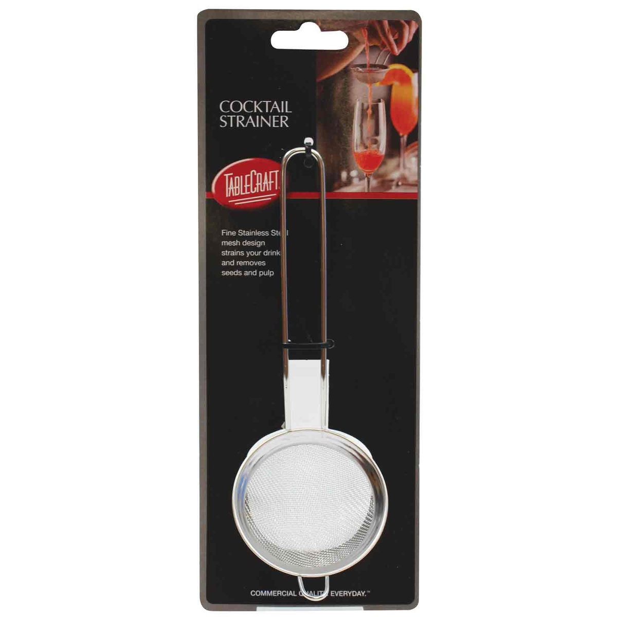 TableCraft HS220 cocktail strainer shown in retail packaging with product details