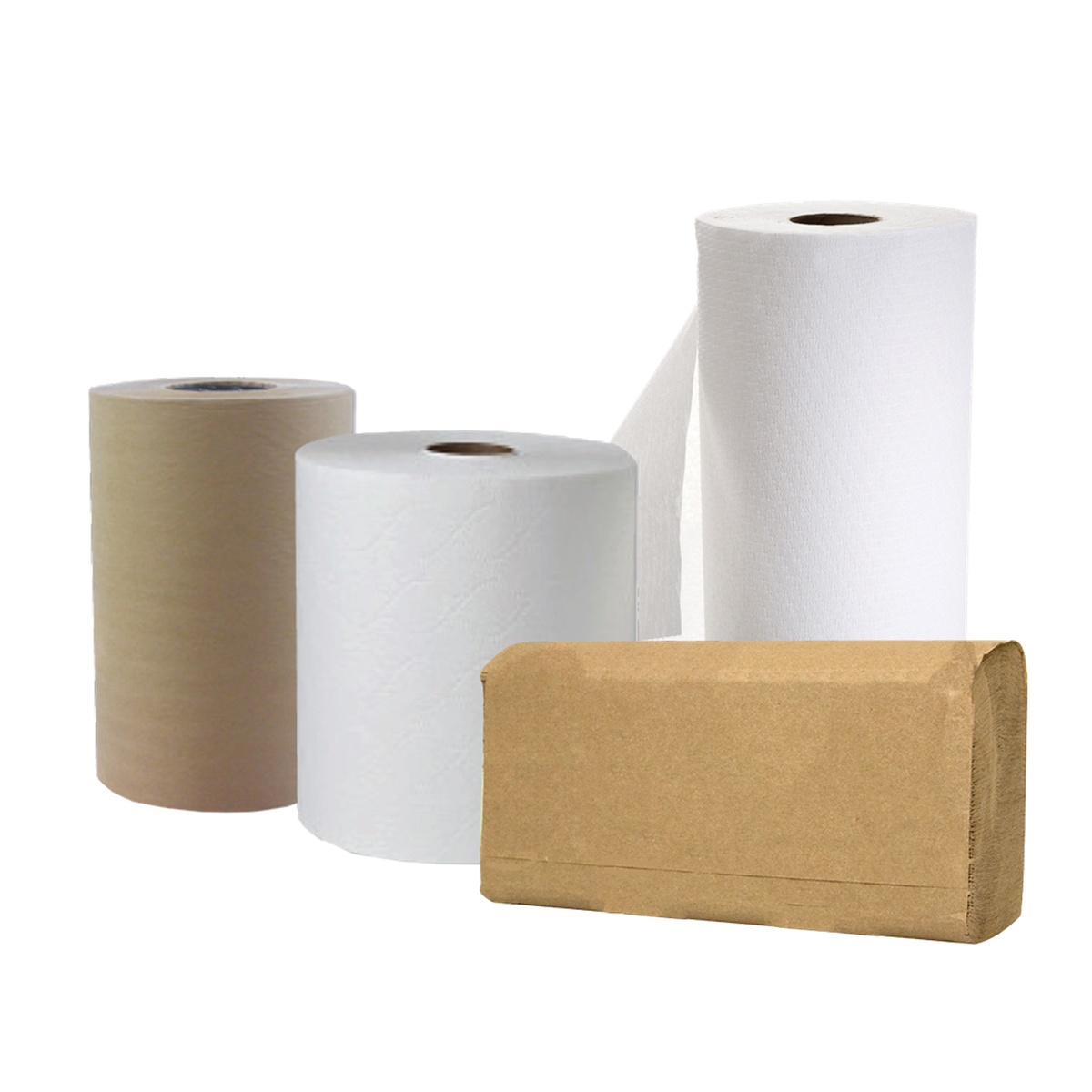Assortment of Empress paper towel products including hardwound rolls and a folded towel pack on white background
