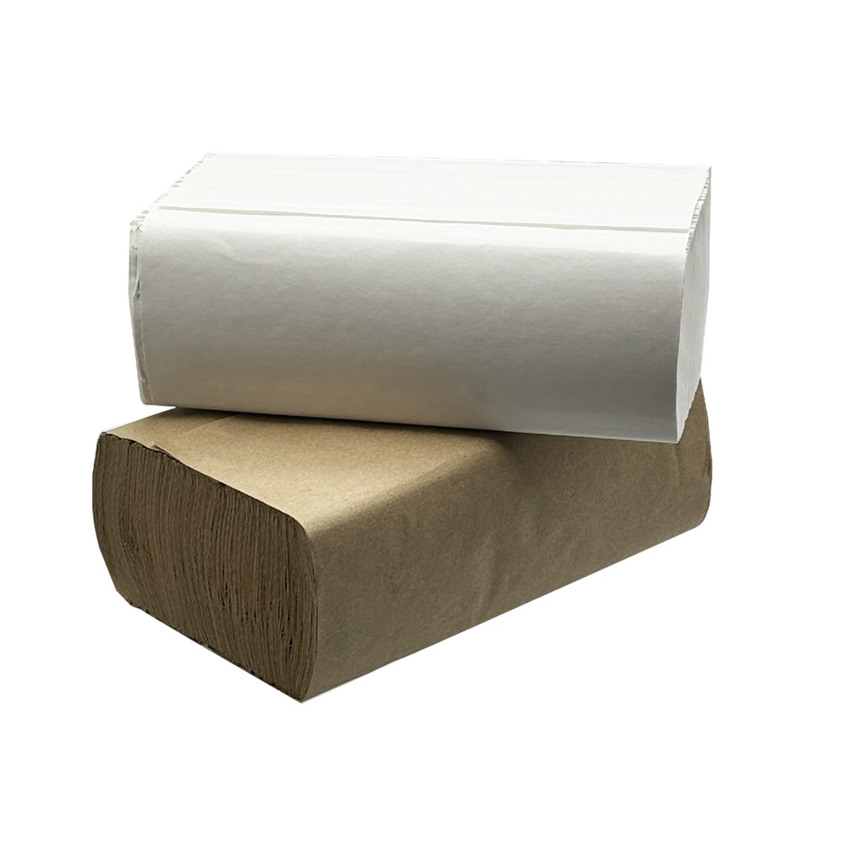 Empress white and natural brown multifold paper towels stacked on white background