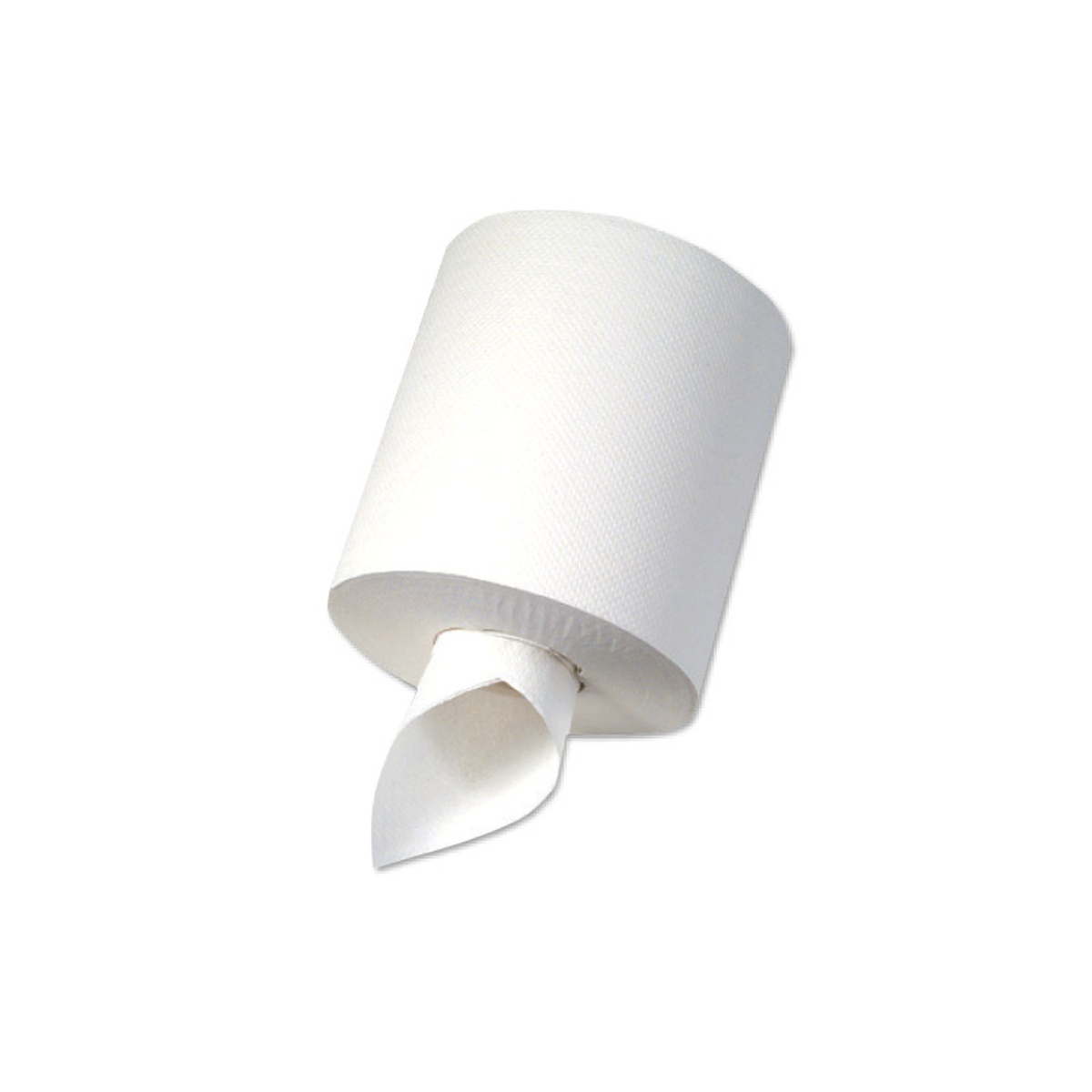 White center-pull paper towel roll dispensing a sheet on white background