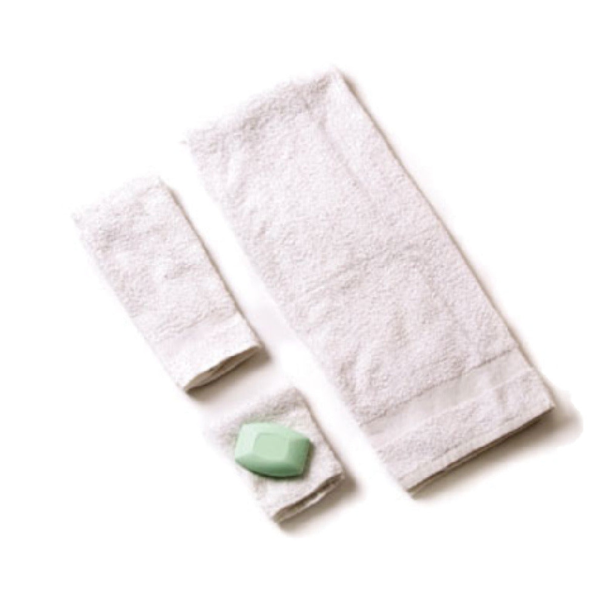 Chef Revival HTI250W white heavyweight bar mop towels shown folded with a bar of soap