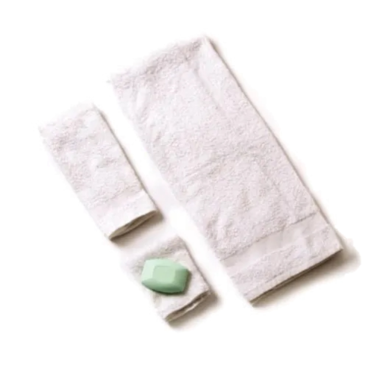 Chef Revival HTI275W white bar mop towels shown folded and unfolded on a white background with a bar of soap for scale