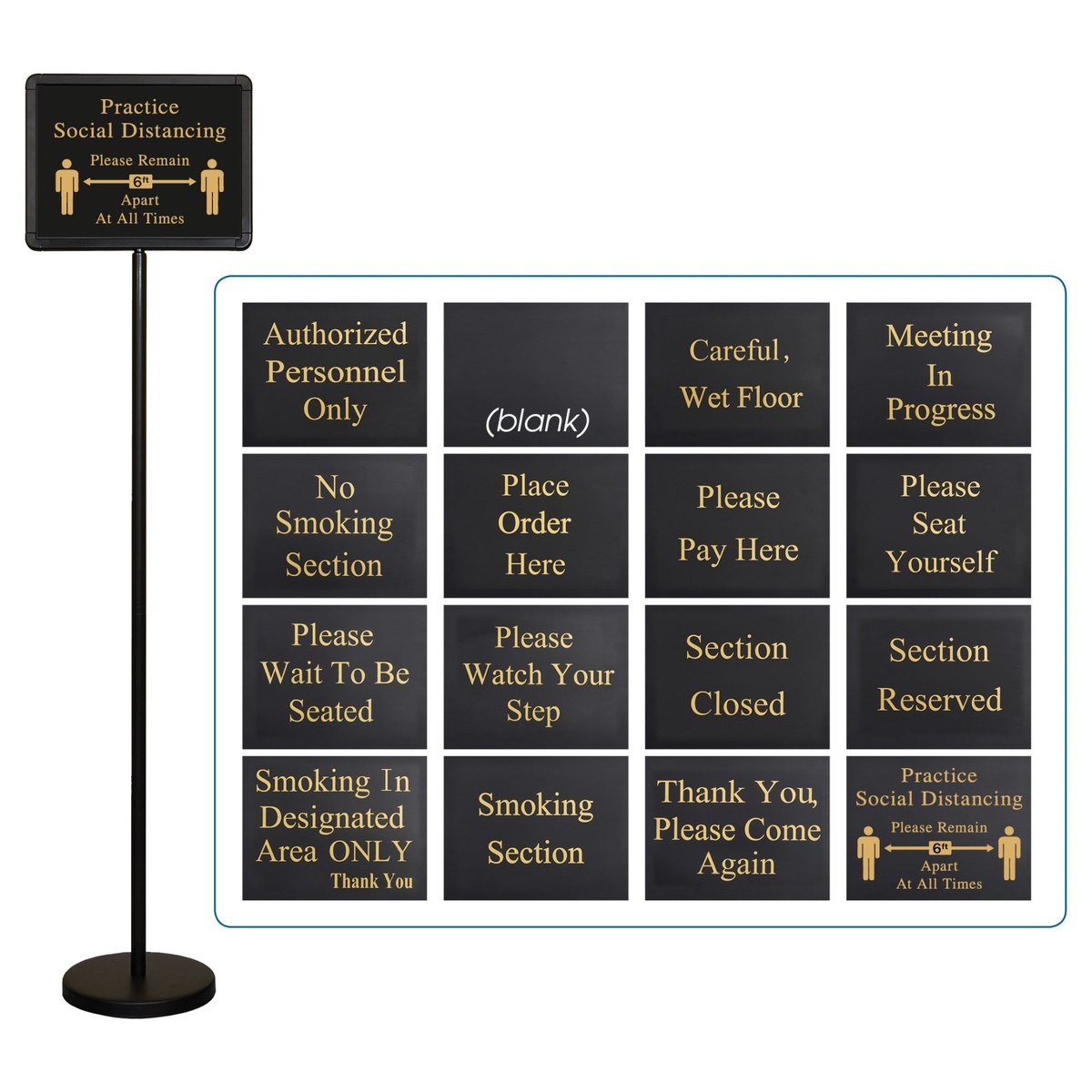 Winco HTS-60K 60-inch black hostess sign stand displayed with all 16 interchangeable message cards on white background