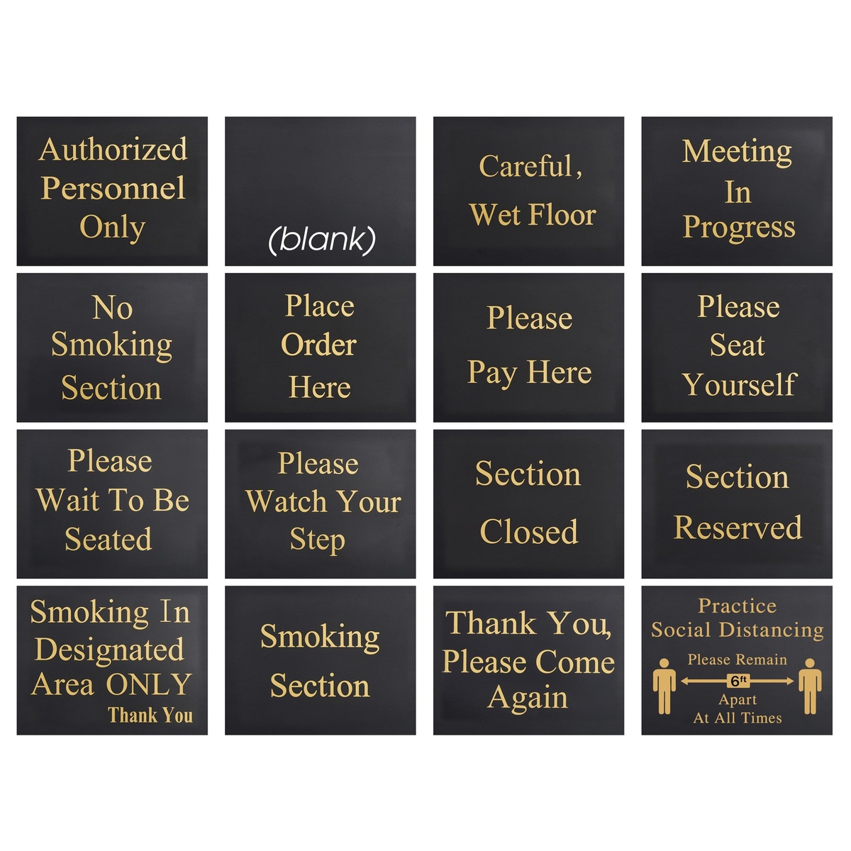 All 16 interchangeable message sign cards for the Winco HTS-60K, including blank card, displayed in a grid on white background