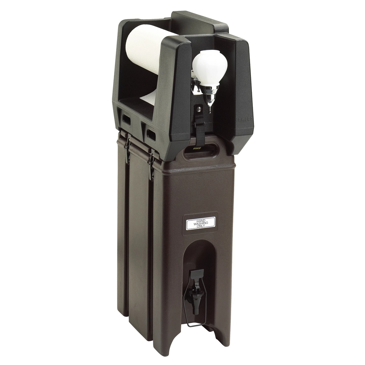 Cambro HWAPR110 handwash accessory mounted on top of a dark brown Camtainer insulated beverage dispenser