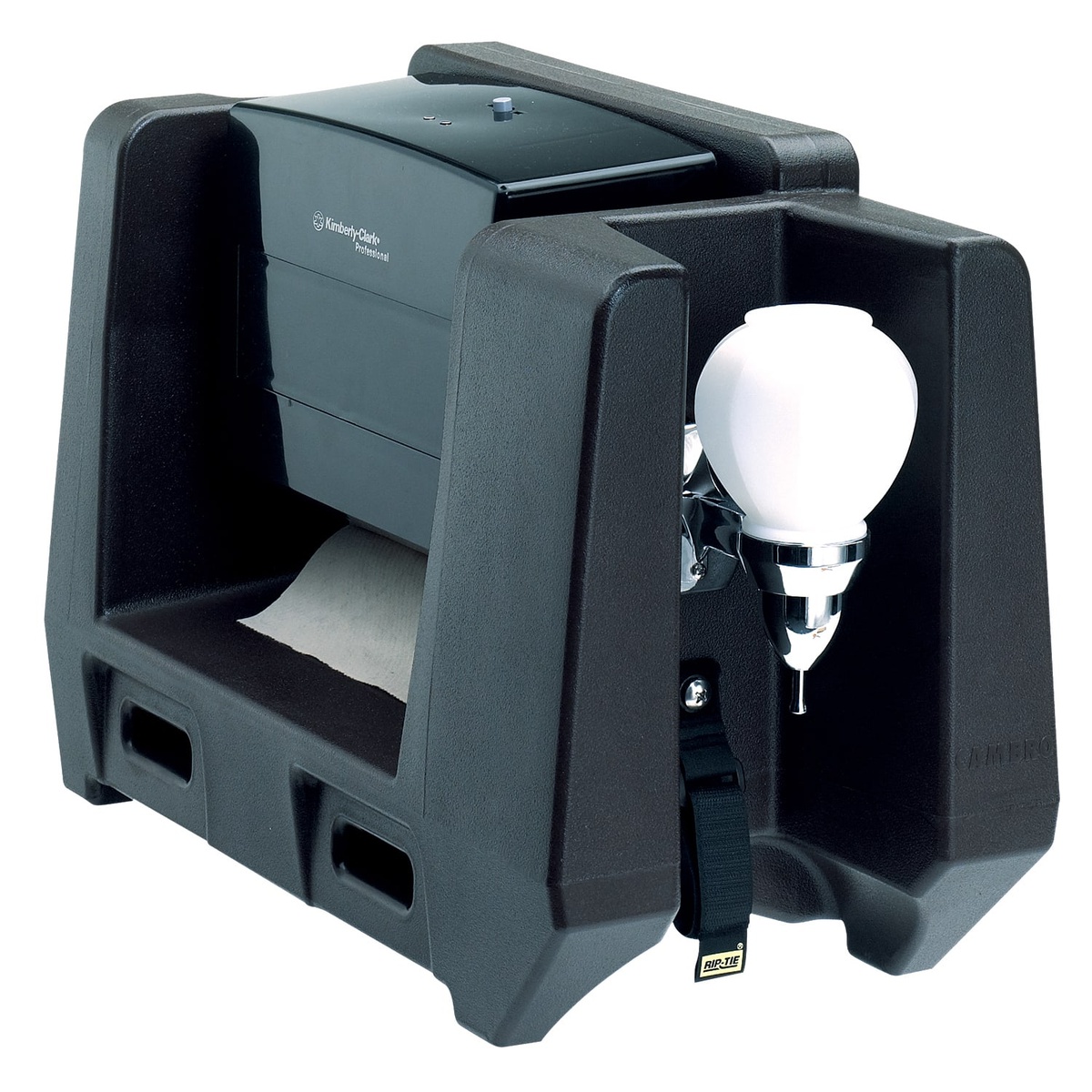 Cambro HWATD110 black handwash station with multi-fold paper towel dispenser and soap dispenser attached via strap