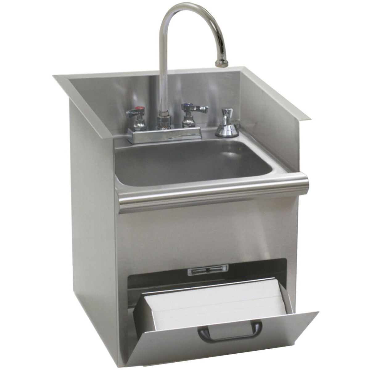 Eagle Group HWB-E drop-in hand wash sink showing gooseneck faucet, stainless steel bowl, and open C-fold towel dispenser door