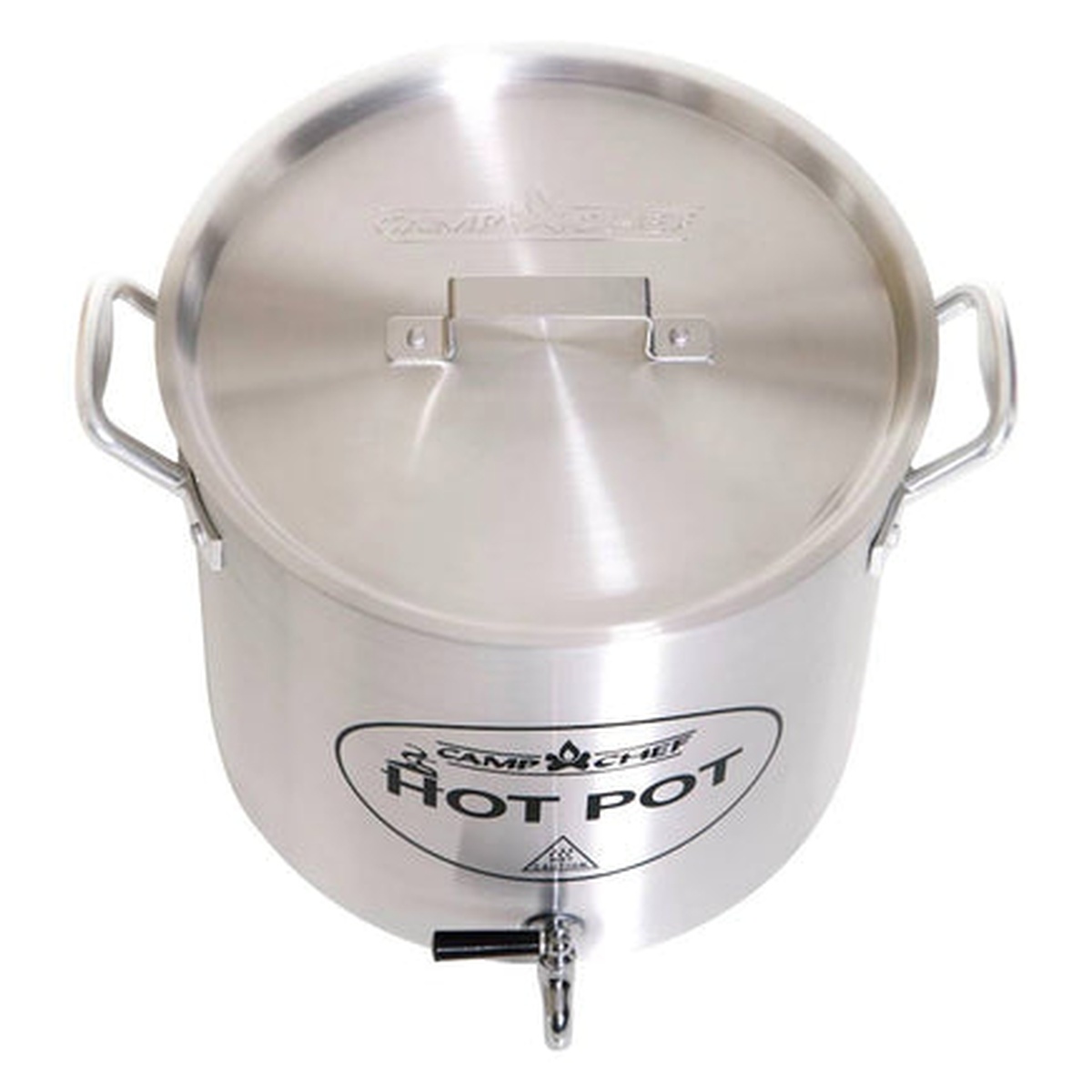 Top-down view of Camp Chef Hot Pot showing fitted lid with handle and dual side handles