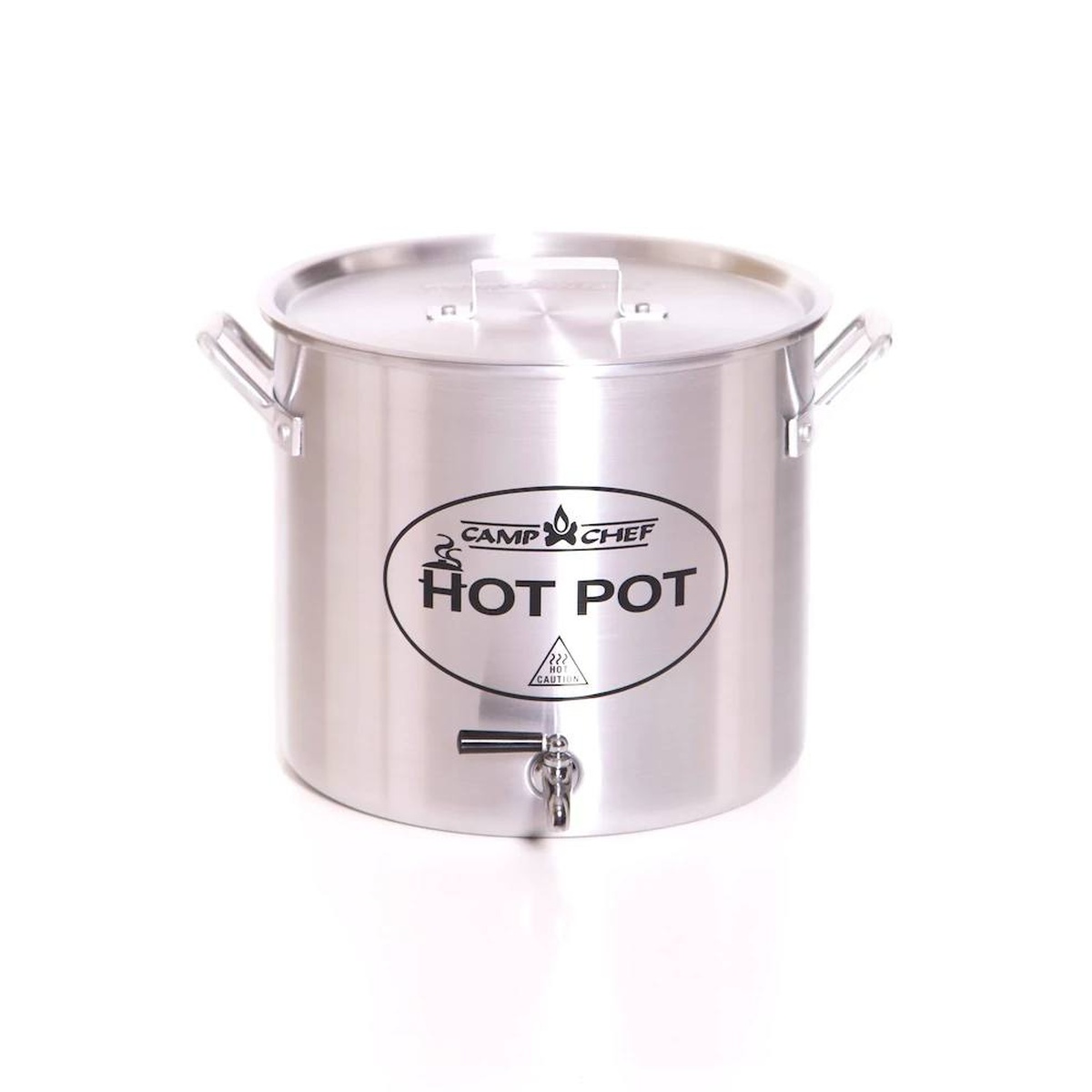 Camp Chef Hot Pot 20 quart aluminum pot with spigot valve and lid on white background