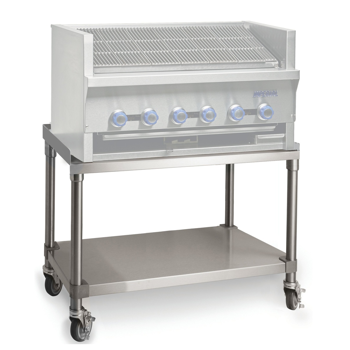 Imperial IABT-30 stainless steel equipment stand with undershelf, four legs, and casters shown at an angle