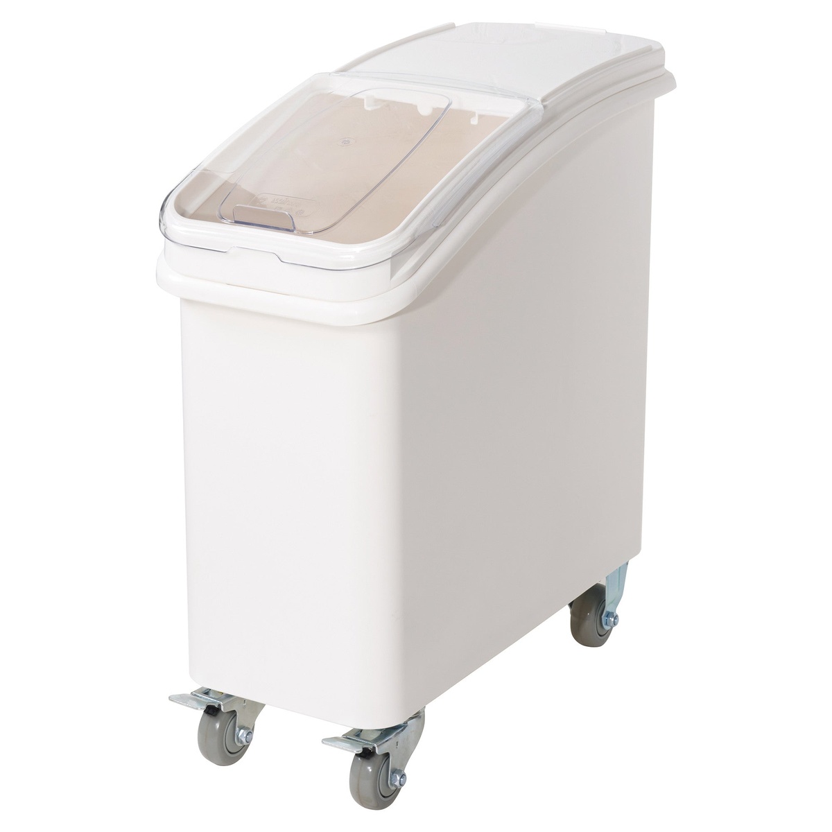Winco IB-21 21-gallon white mobile ingredient bin with clear slanted lid and four caster wheels
