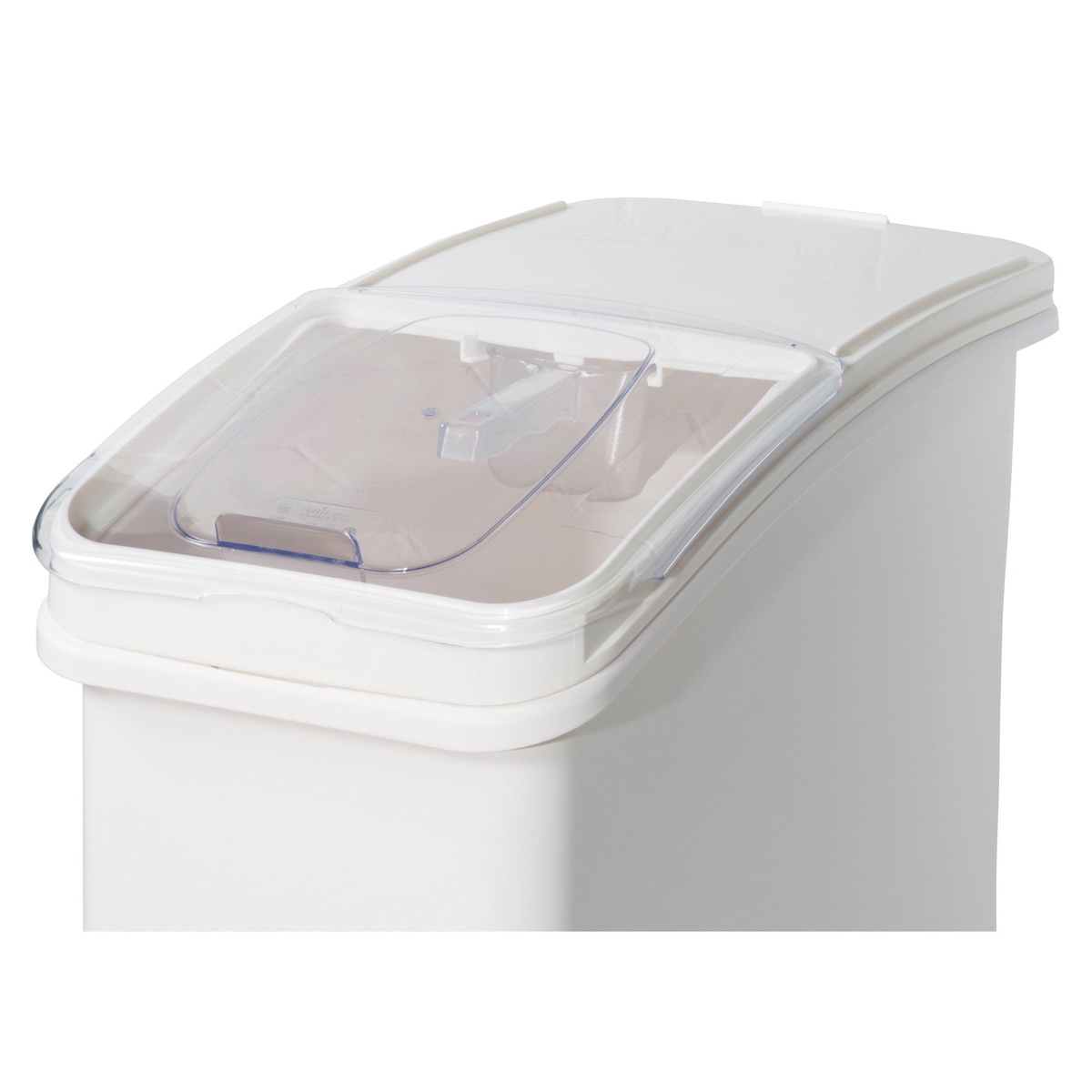 Winco IB-27-LE white lid seated on top of an IB-27 ingredient bin, showing secure fit and clear viewing window
