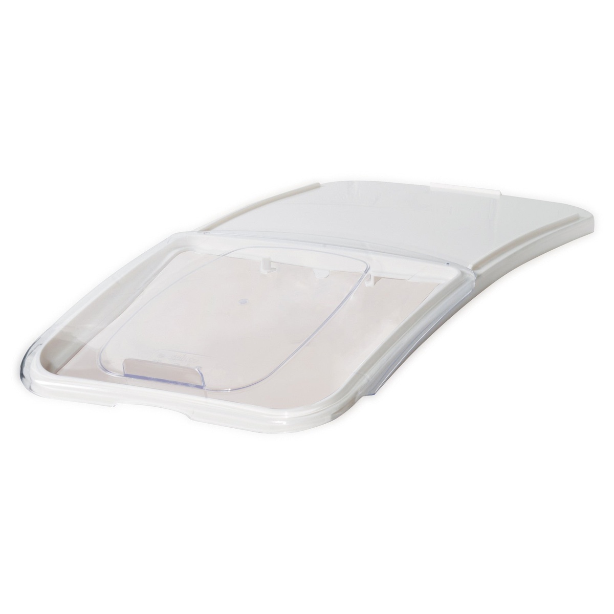 Winco IB-27-LE ingredient bin lid with white frame and clear polycarbonate panel, angled view on white background