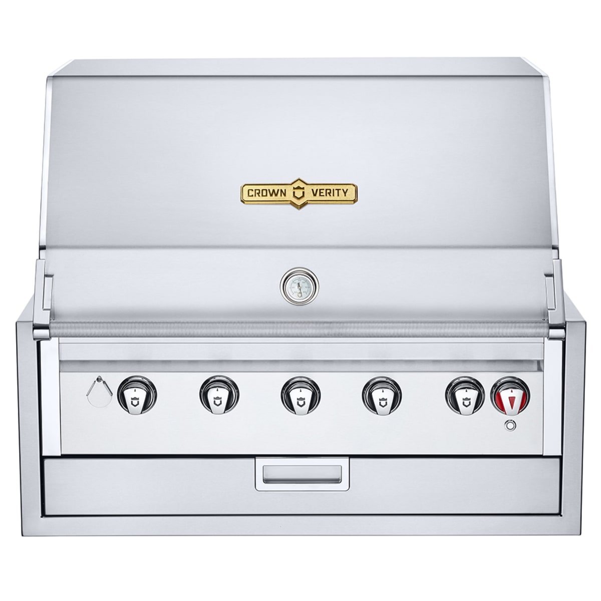 Crown Verity IBI36 built-in stainless steel grill front view with roll dome