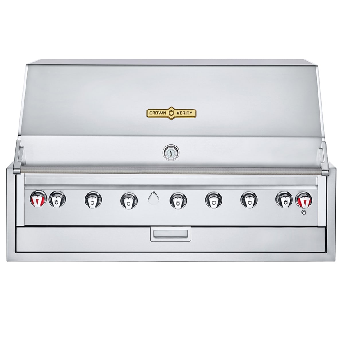 Crown Verity IBI48 built-in stainless steel grill with roll dome lid and seven control knobs