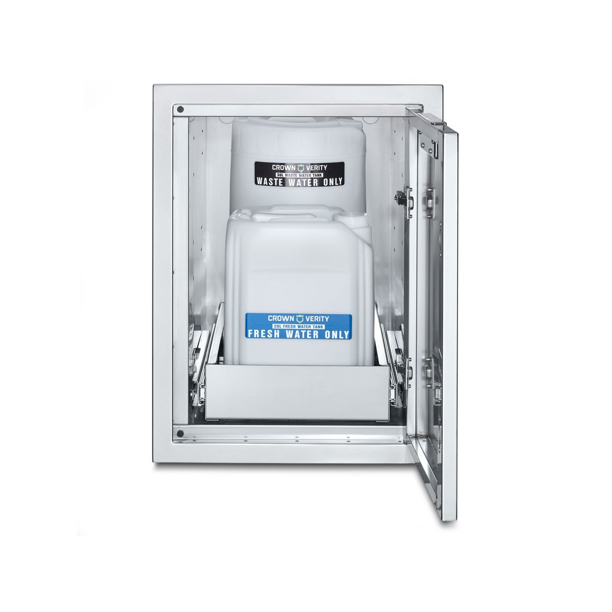 Open stainless steel cabinet showing removable fresh and waste water tanks