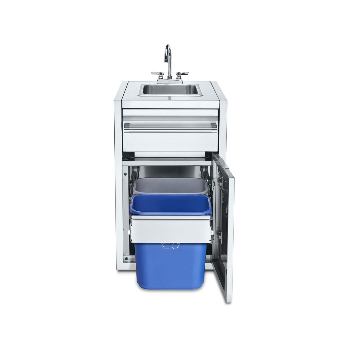 Stainless steel cabinet with sink and faucet, showing pull-out double trash bin holder