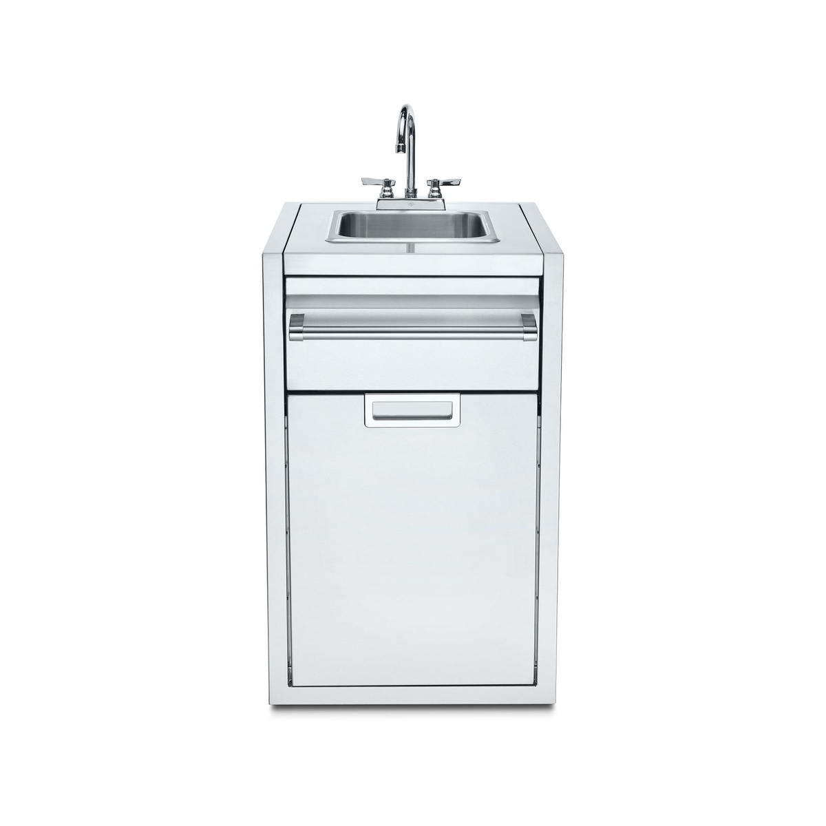 Stainless steel outdoor cabinet with integrated sink and faucet, front closed
