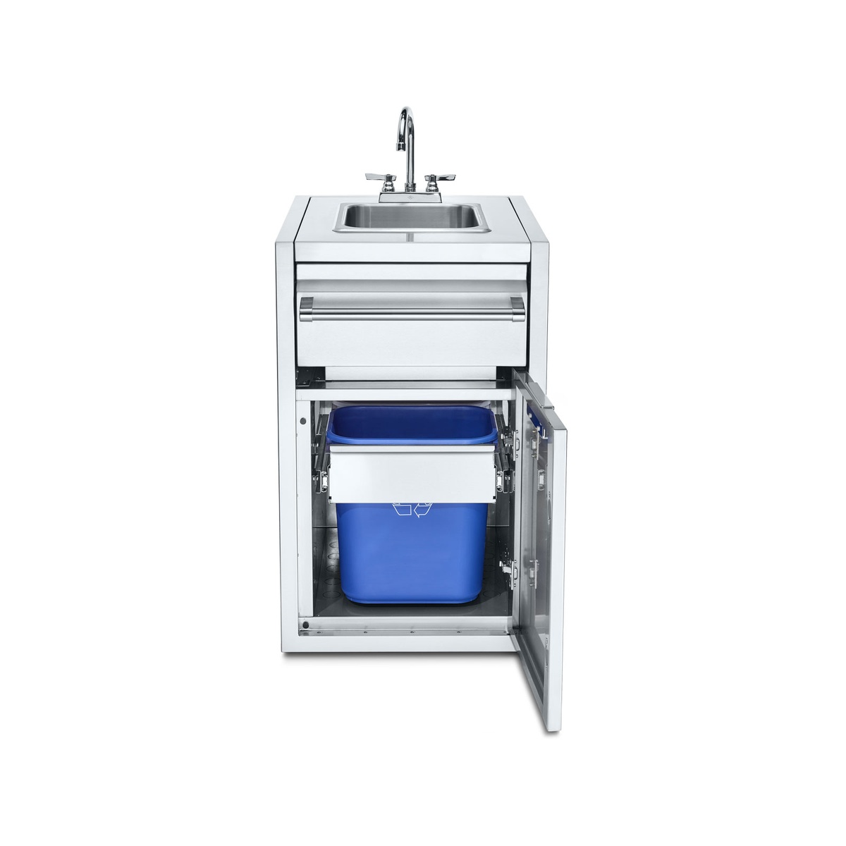 Stainless steel cabinet with sink and faucet, showing pull-out drawer and interior trash bin storage