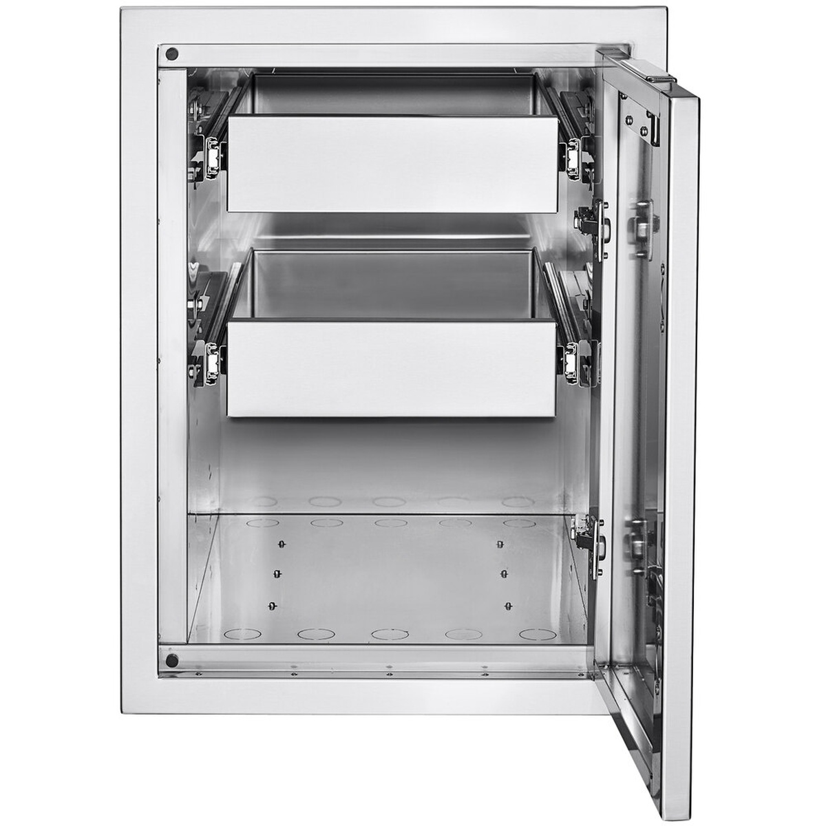 Crown Verity IBISC-2D stainless steel built-in cabinet interior with two drawers and an open hinged door