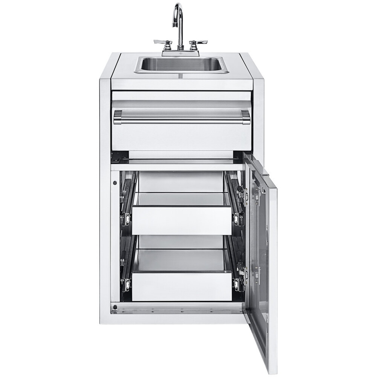 Crown Verity IBISC-SK-2D stainless steel built-in cabinet with sink, faucet, drawer, paper towel holder, and open lower cabinet showing interior shelving