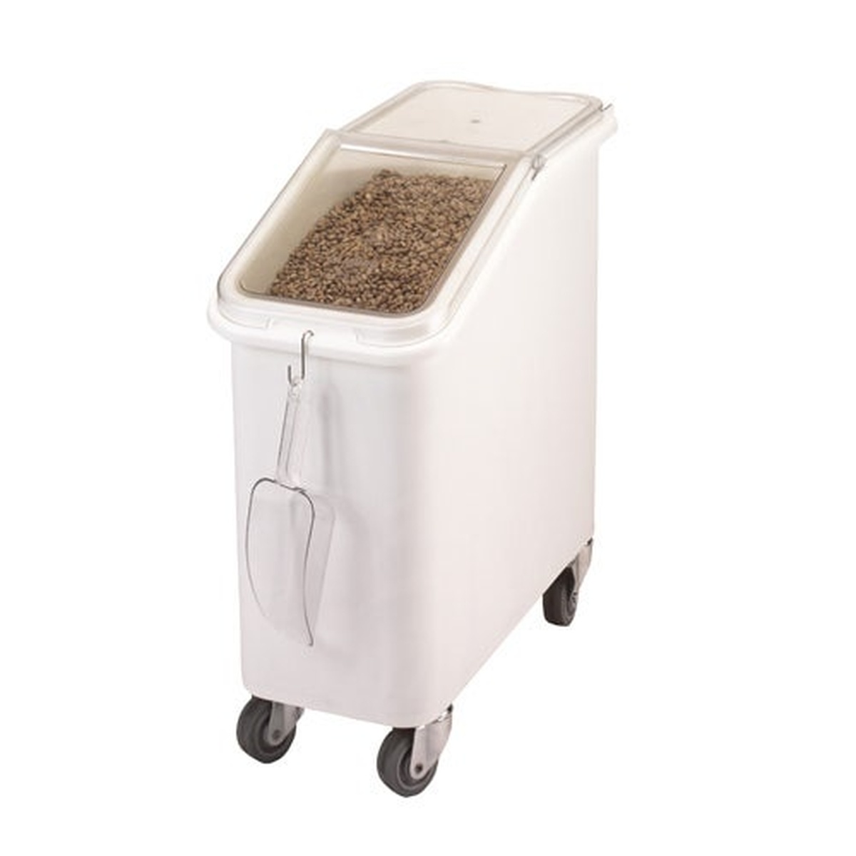 Cambro IBS20148 white mobile ingredient bin with clear slant-top lid open revealing grain inside, scoop hanging on S-hook at front, on four casters