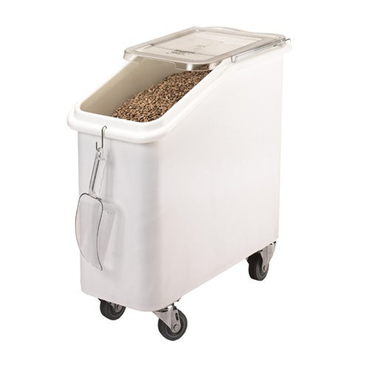 Cambro IBS20148 white mobile ingredient bin with lid fully open showing dry grain contents and scoop holder on the front panel