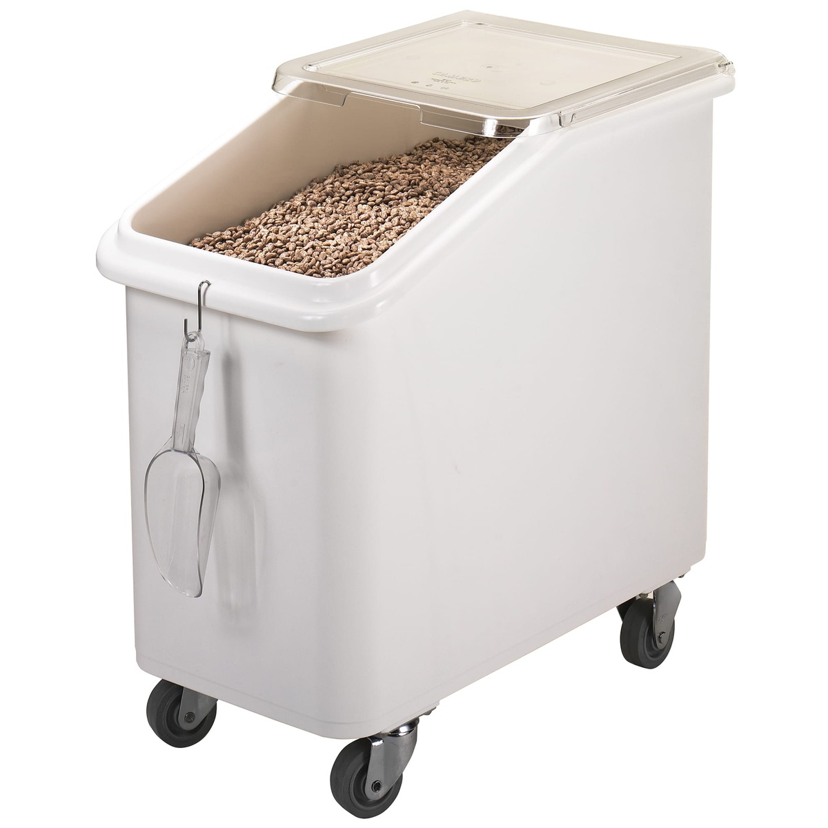 Cambro IBS27148 white 27-gallon mobile ingredient bin filled with dry beans, clear slant-top lid partially open, scoop hanging on side hook, on 3-inch casters